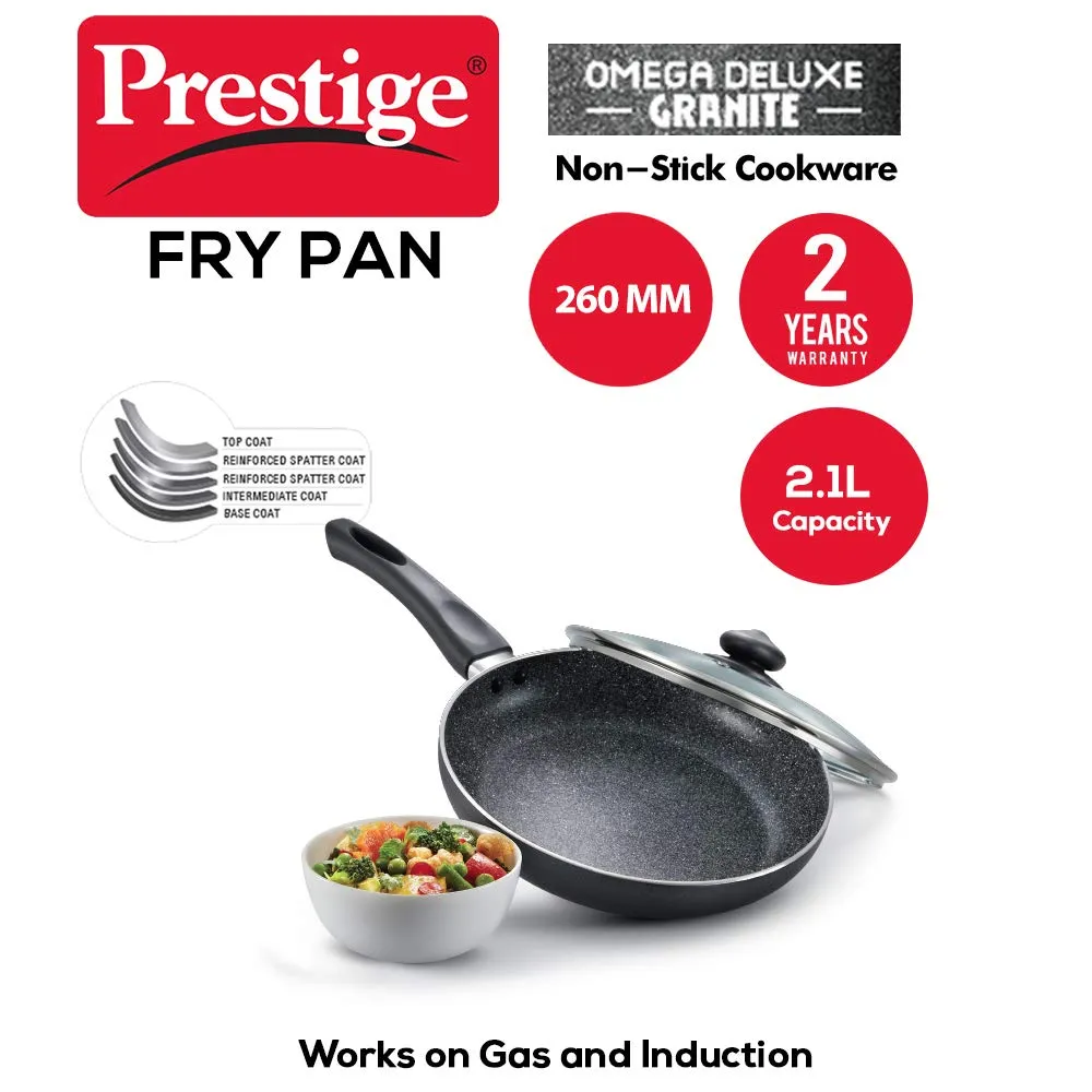 Prestige Non-Stick Omega Deluxe Granite Fry Pan with Lid | 26 Centimetre | Black | Induction Base | 5 Layer Non-Stick Cookware | Dishwasher Compatible