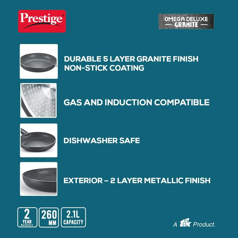 Prestige Non-Stick Omega Deluxe Granite Fry Pan with Lid | 26 Centimetre | Black | Induction Base | 5 Layer Non-Stick Cookware | Dishwasher Compatible