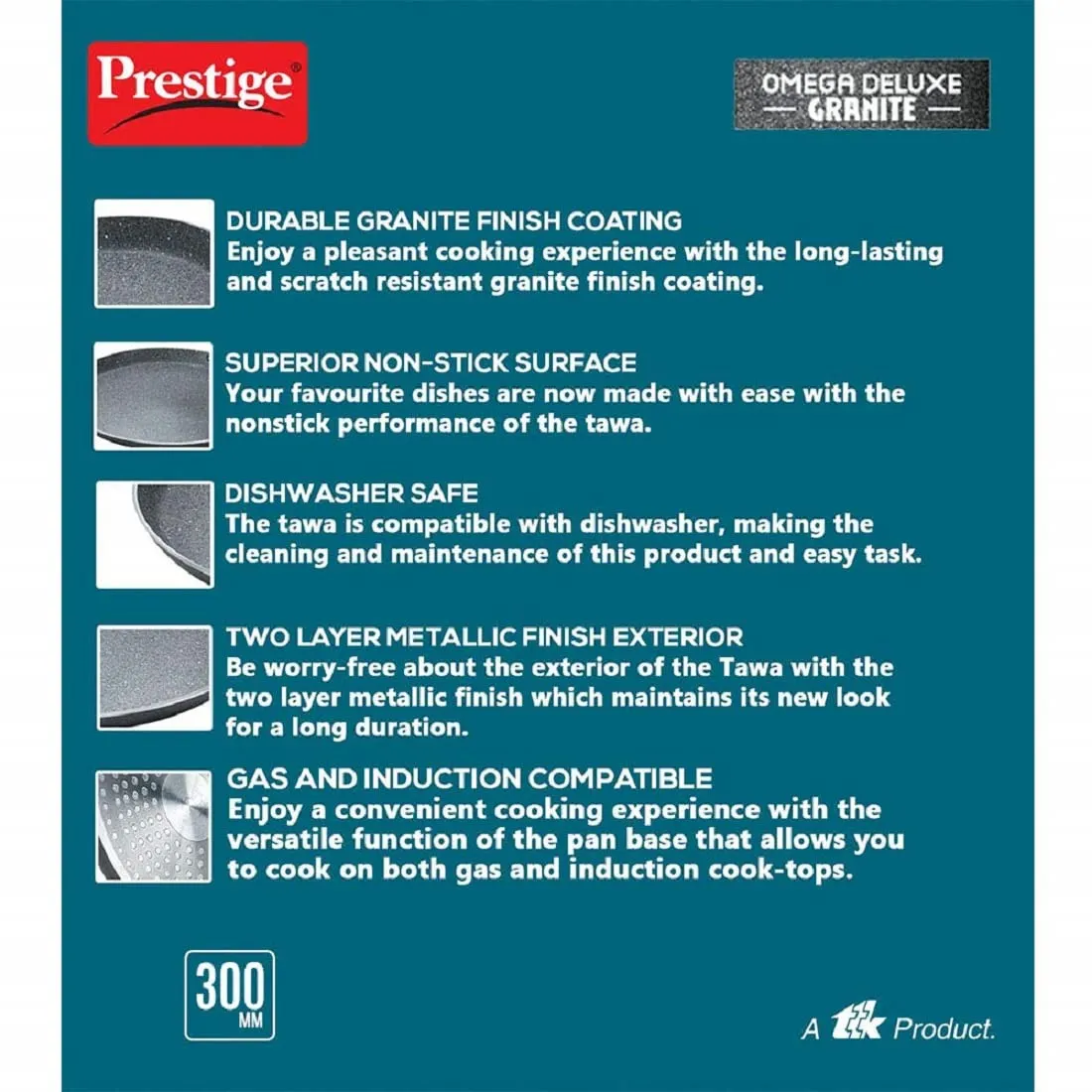 Prestige Omega Deluxe Granite Dosa Tawa | Black | 30cm | Non-Stick | Induction Base | Dishwasher Safe | 2-Layer Metallic Finish | Metal Spoon Friendly