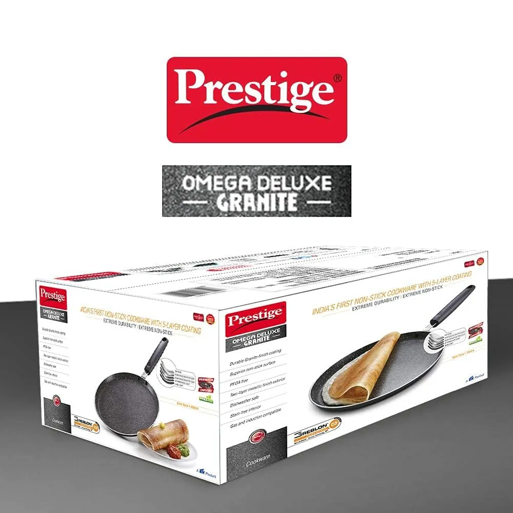 Prestige Omega Deluxe Granite Dosa Tawa | Black | 30cm | Non-Stick | Induction Base | Dishwasher Safe | 2-Layer Metallic Finish | Metal Spoon Friendly
