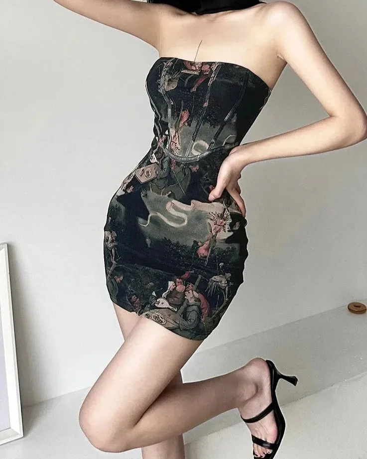 Printed Mini Dress For Women Summer Hipster Patchwork Wrapped Chest Body-shaping Halter Short Midnight Partywear