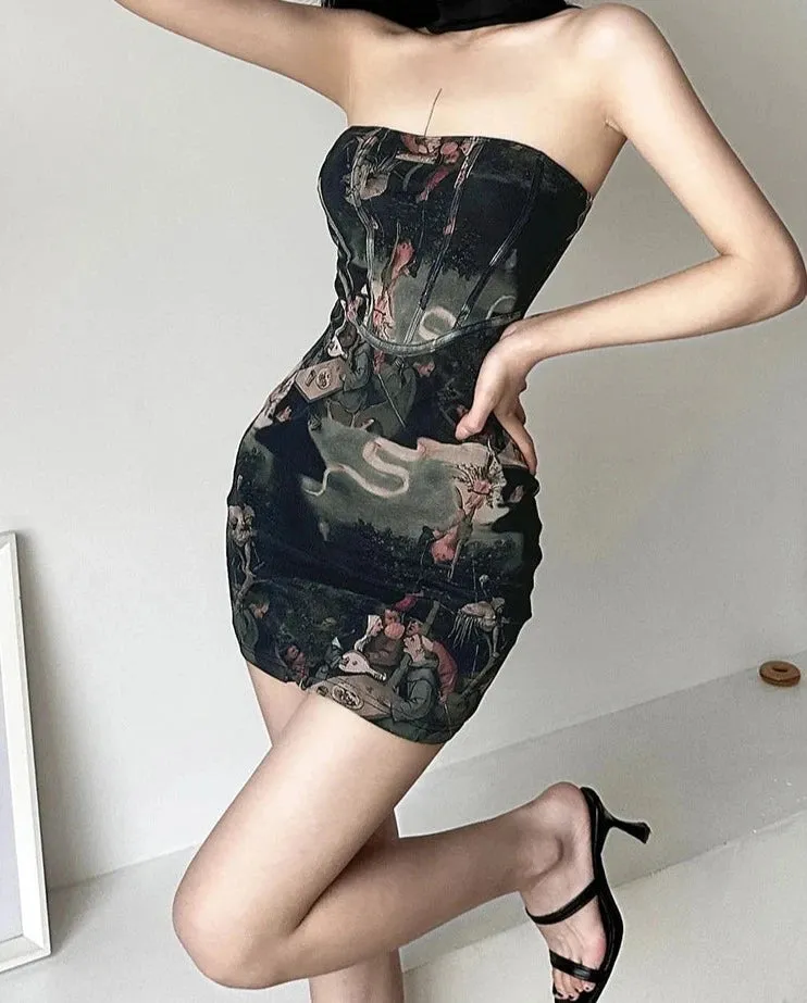 Printed Mini Dress For Women Summer Hipster Patchwork Wrapped Chest Body-shaping Halter Short Midnight Partywear