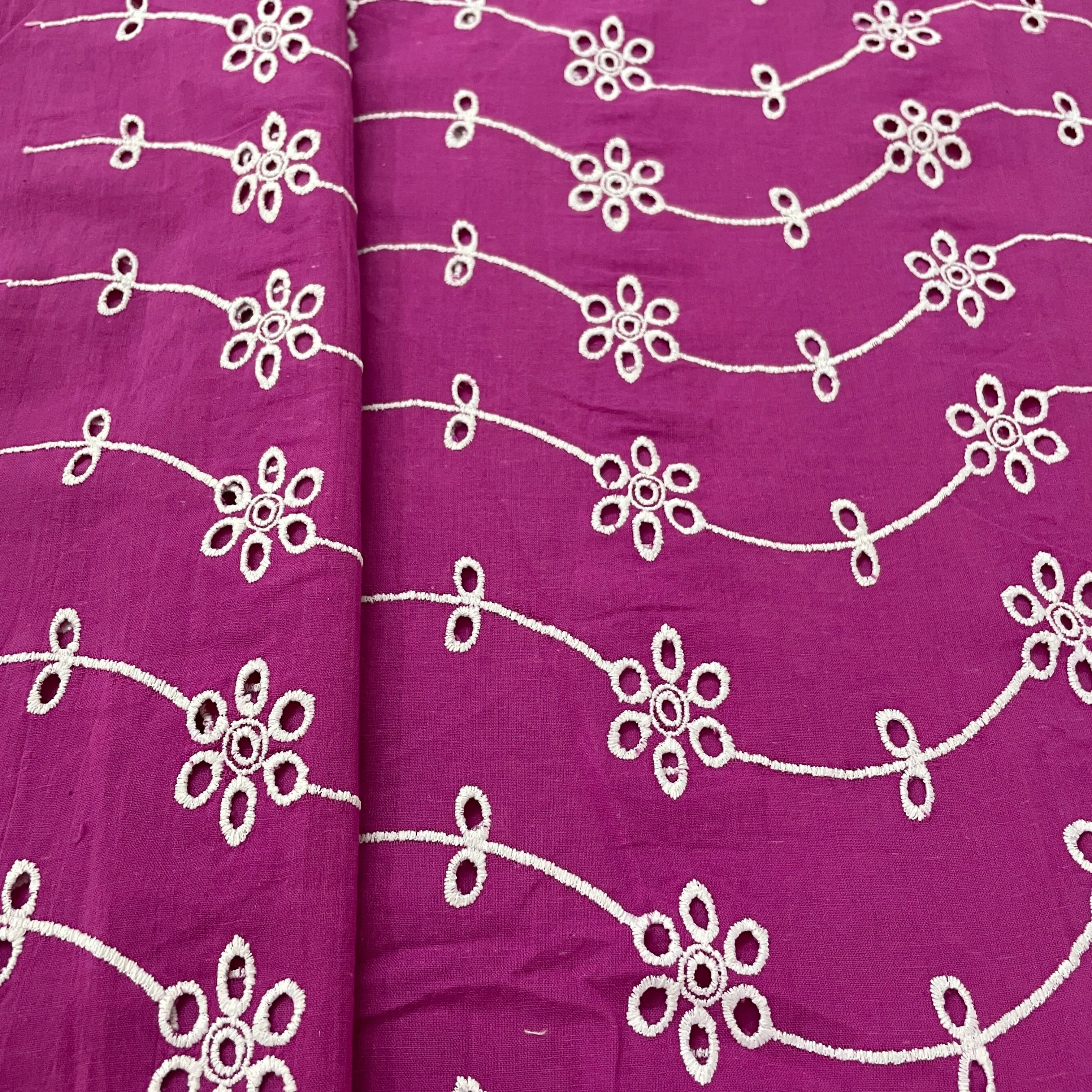 Purple White Embroidery Cotton Schiffli Fabric