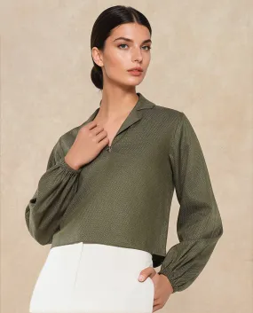 Rareism Women Istanbul Green Bishop Sleeve Lapel Collar Cropped Plain Top