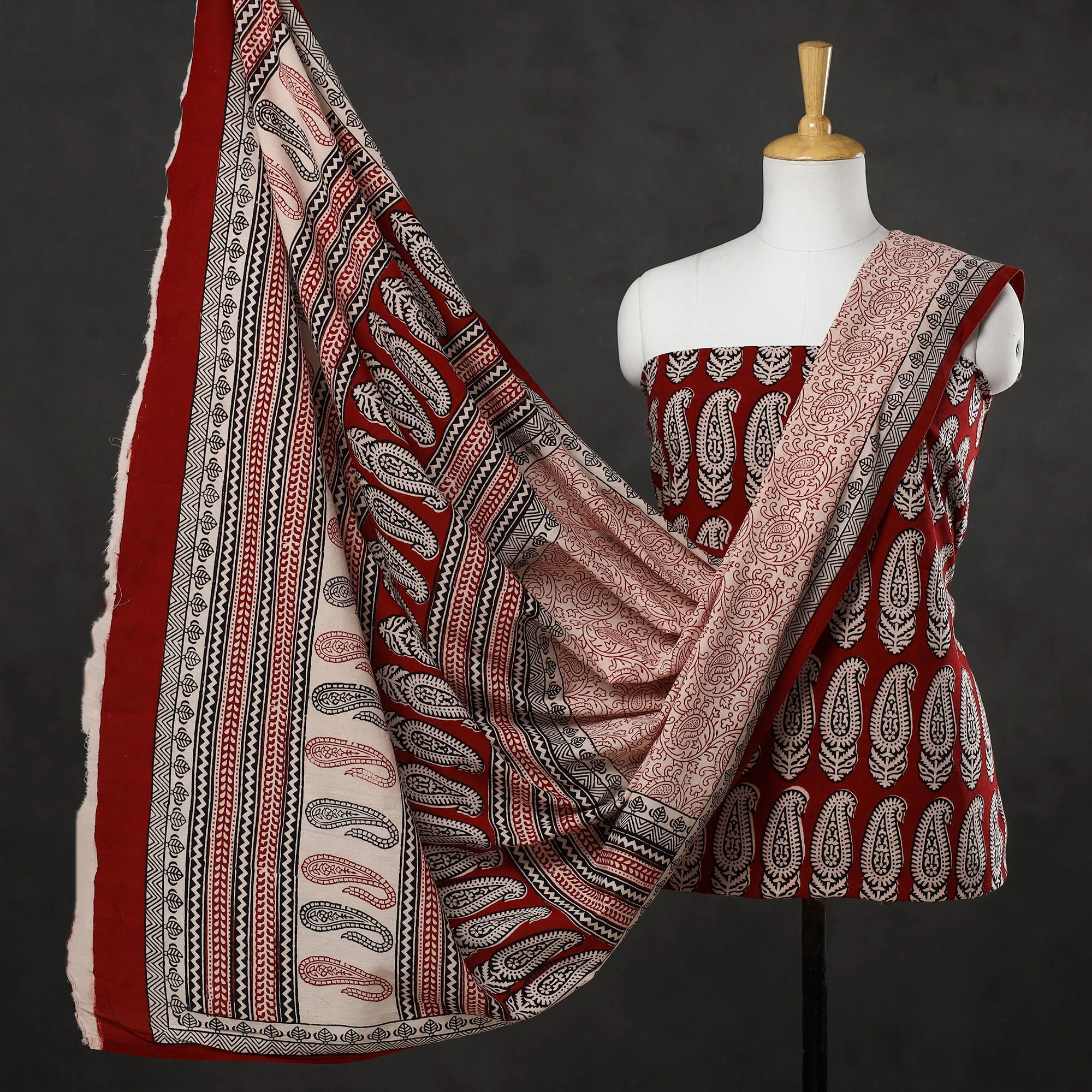 Red - 3pc Bagh Block Printed Cotton Suit Material Set