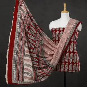 Red - 3pc Bagh Block Printed Cotton Suit Material Set