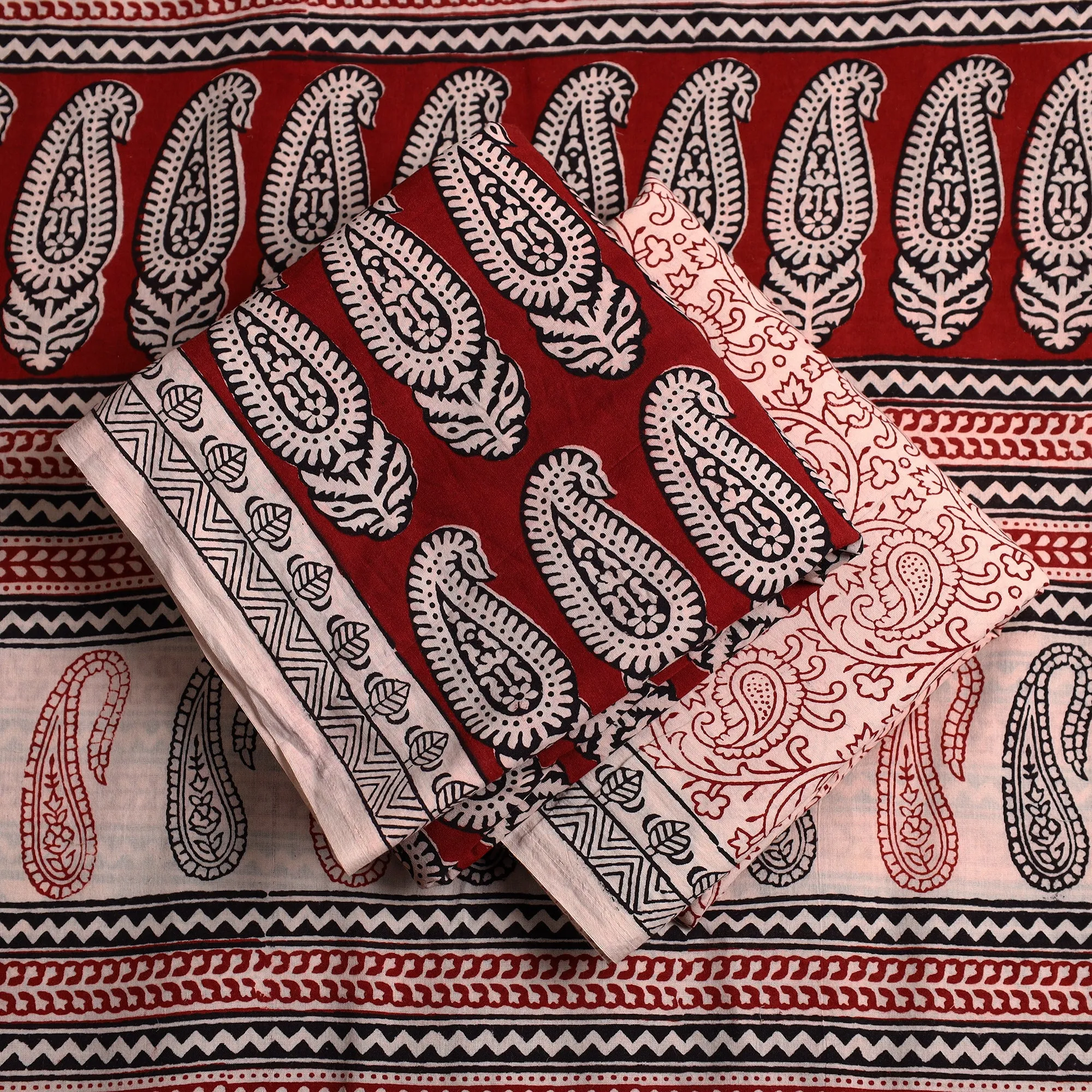 Red - 3pc Bagh Block Printed Cotton Suit Material Set