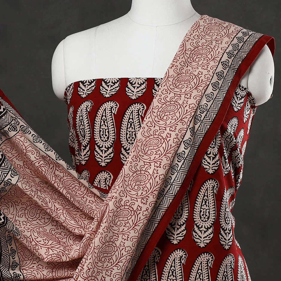 Red - 3pc Bagh Block Printed Cotton Suit Material Set