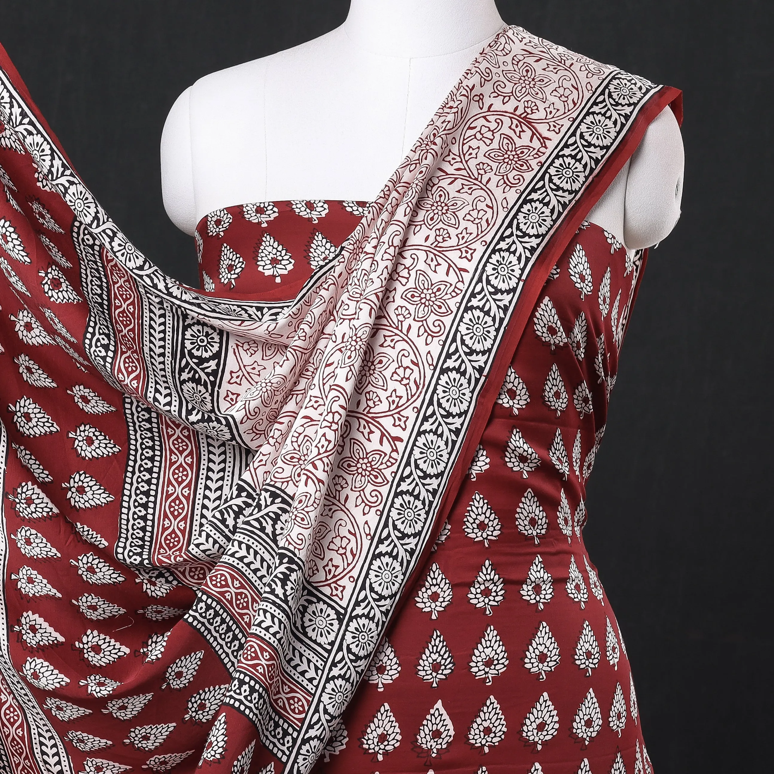 Red - 3pc Bagh Block Printed Modal Silk Suit Material Set