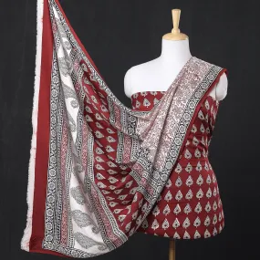 Red - 3pc Bagh Block Printed Modal Silk Suit Material Set
