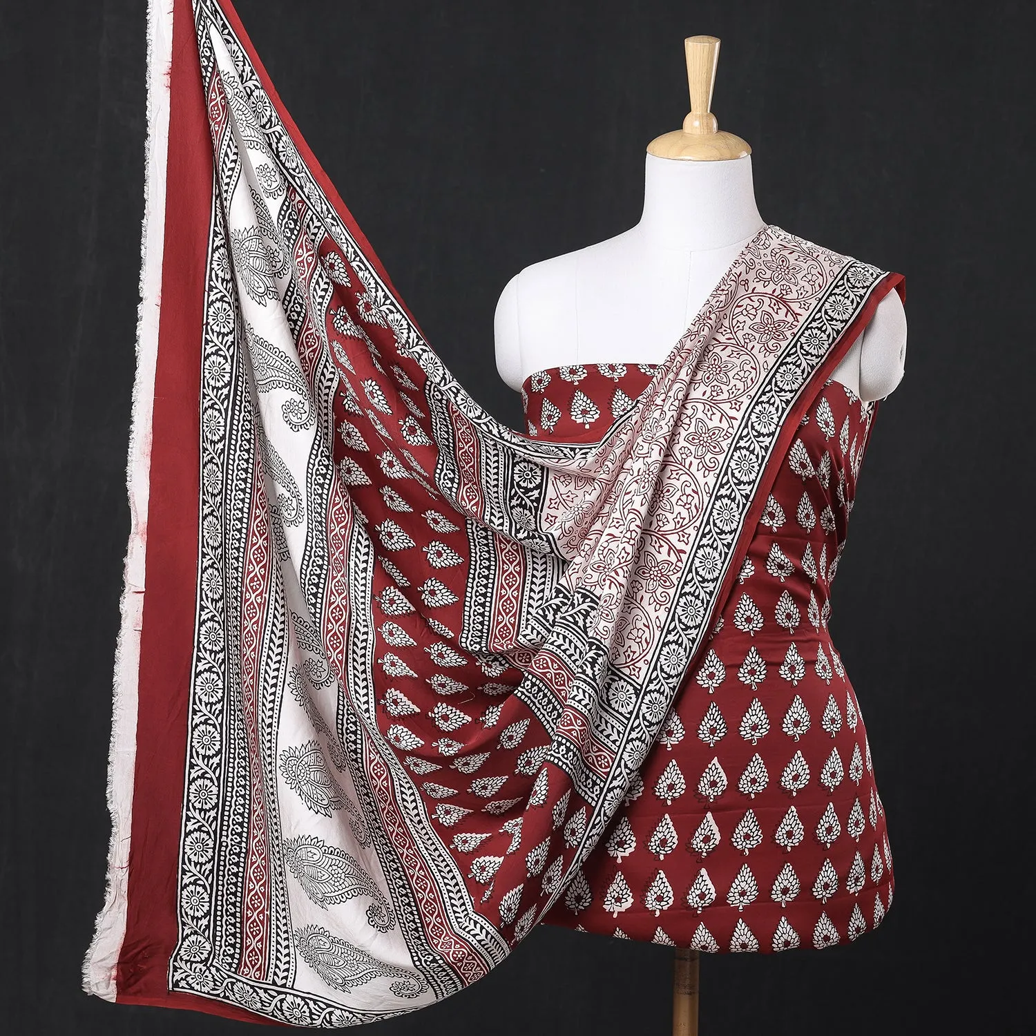 Red - 3pc Bagh Block Printed Modal Silk Suit Material Set