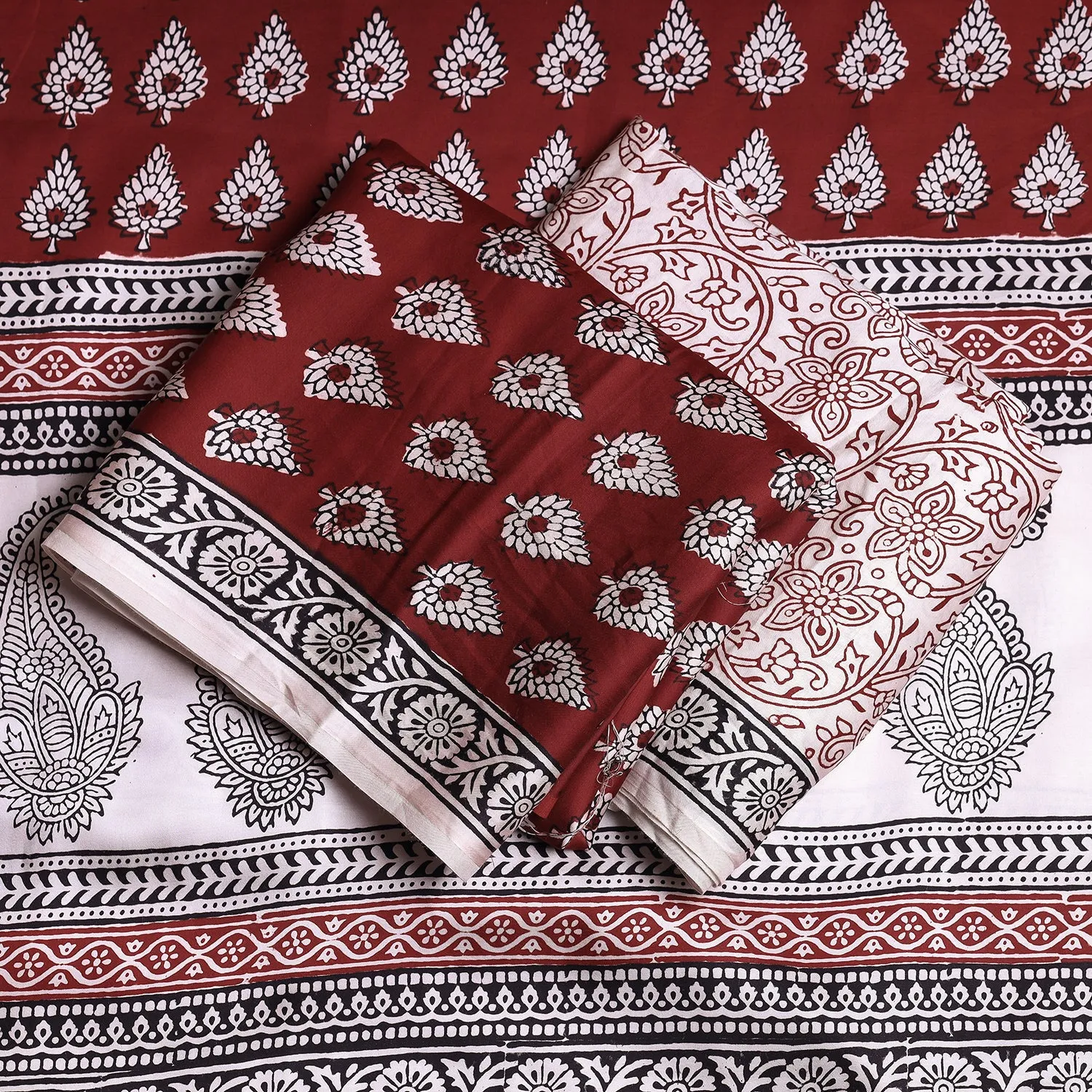 Red - 3pc Bagh Block Printed Modal Silk Suit Material Set