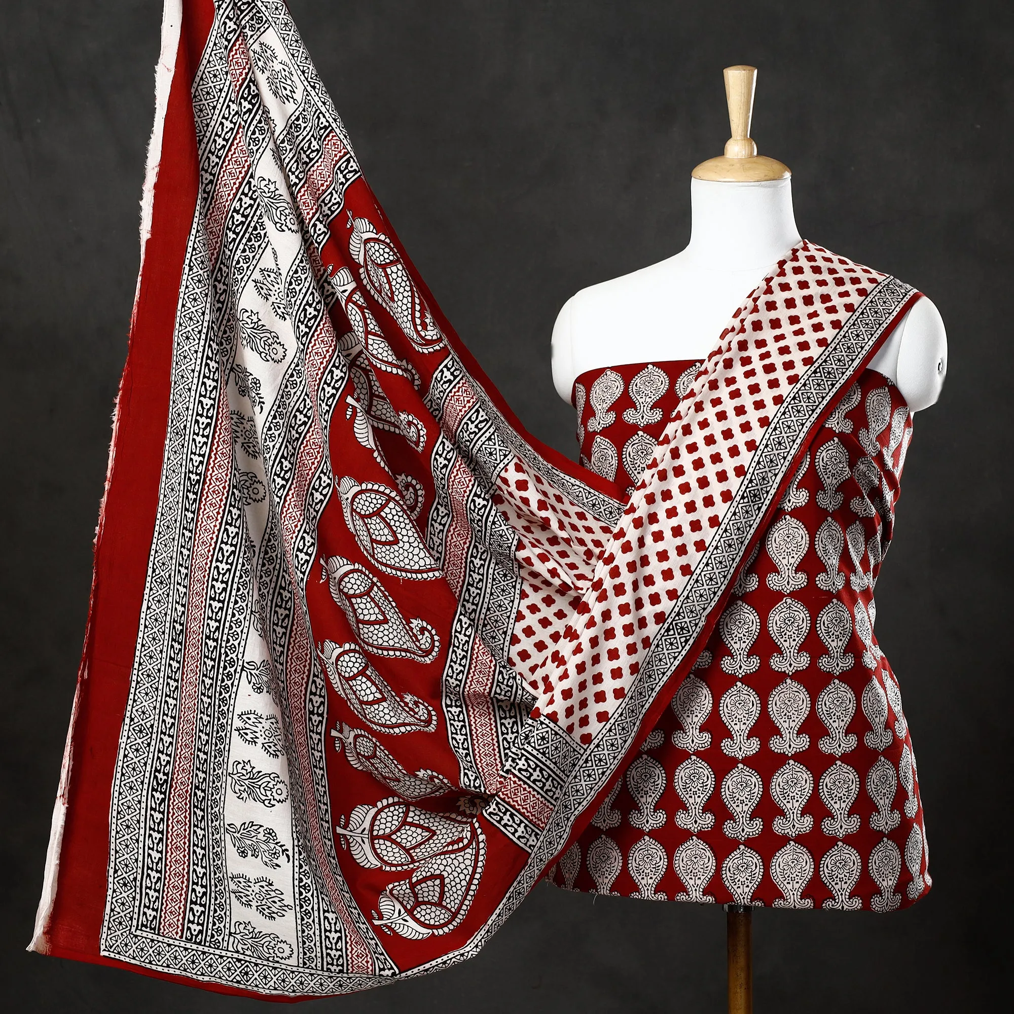 Red - 3pc Bagh Block Printed  Natural Dyed Cotton Suit Material Set 03