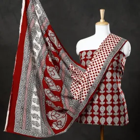 Red - 3pc Bagh Block Printed  Natural Dyed Cotton Suit Material Set 03