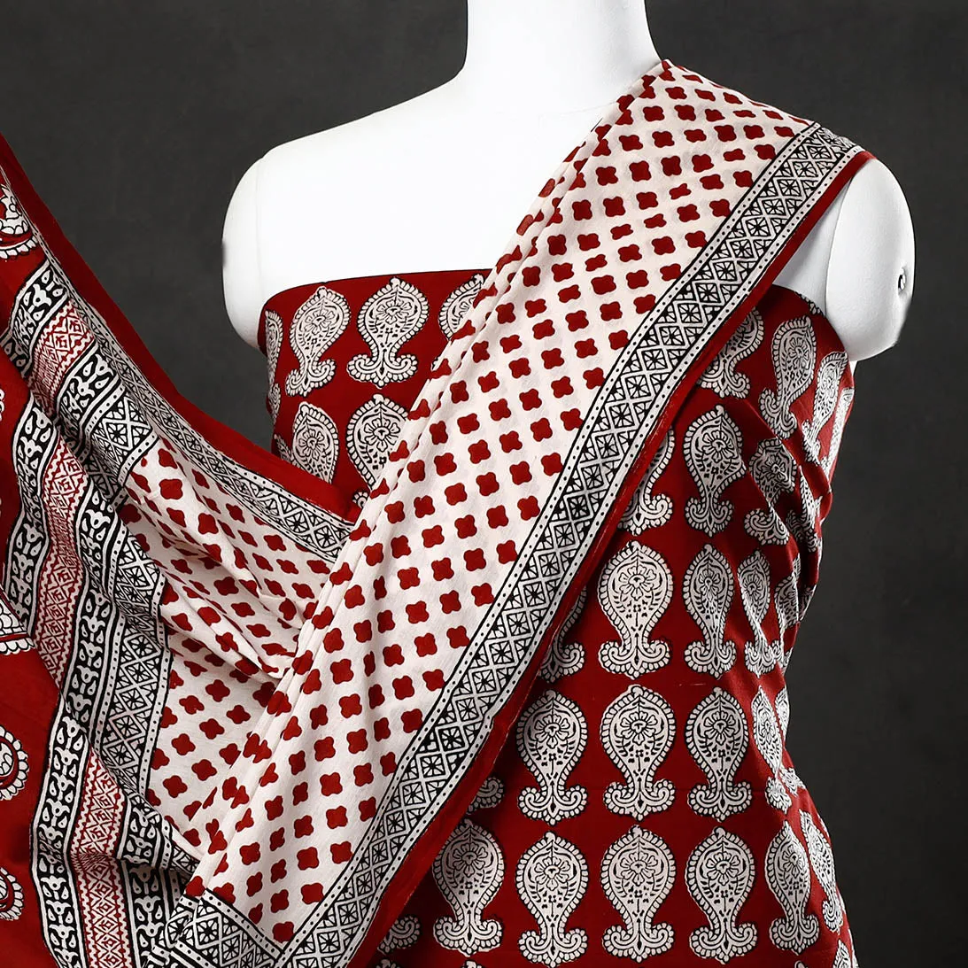 Red - 3pc Bagh Block Printed  Natural Dyed Cotton Suit Material Set 03