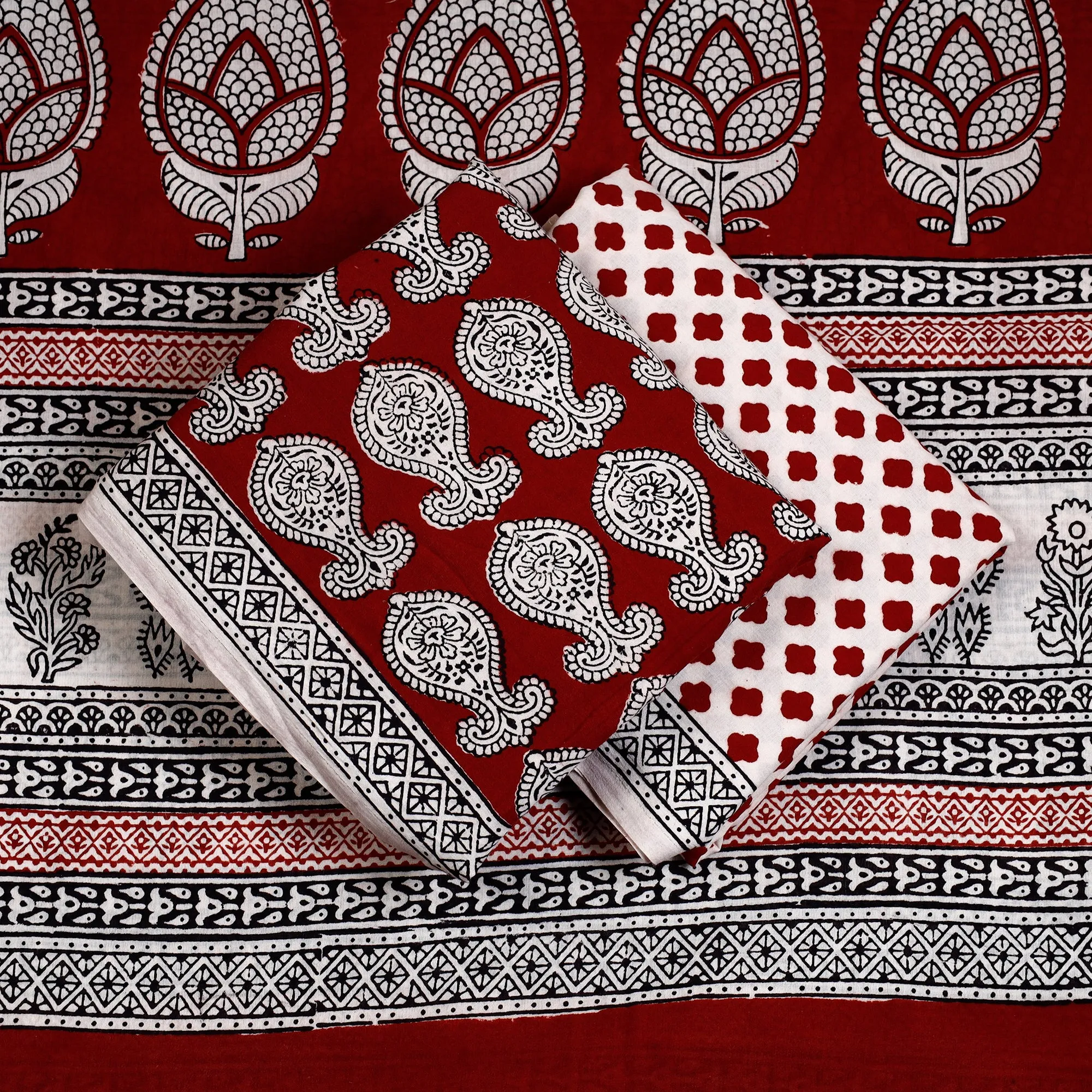 Red - 3pc Bagh Block Printed  Natural Dyed Cotton Suit Material Set 03