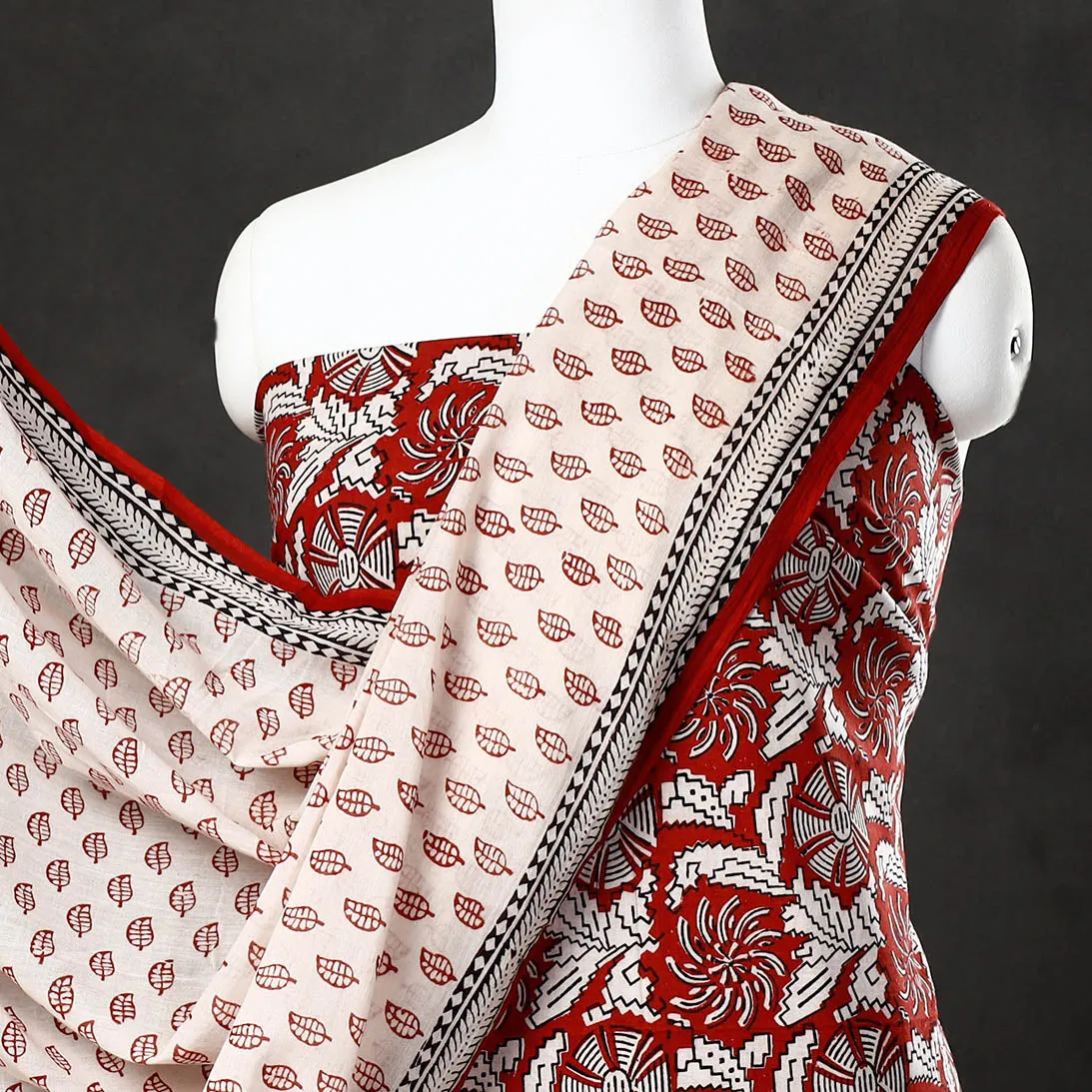 Red - 3pc Bagh Block Printed  Natural Dyed Cotton Suit Material Set 51