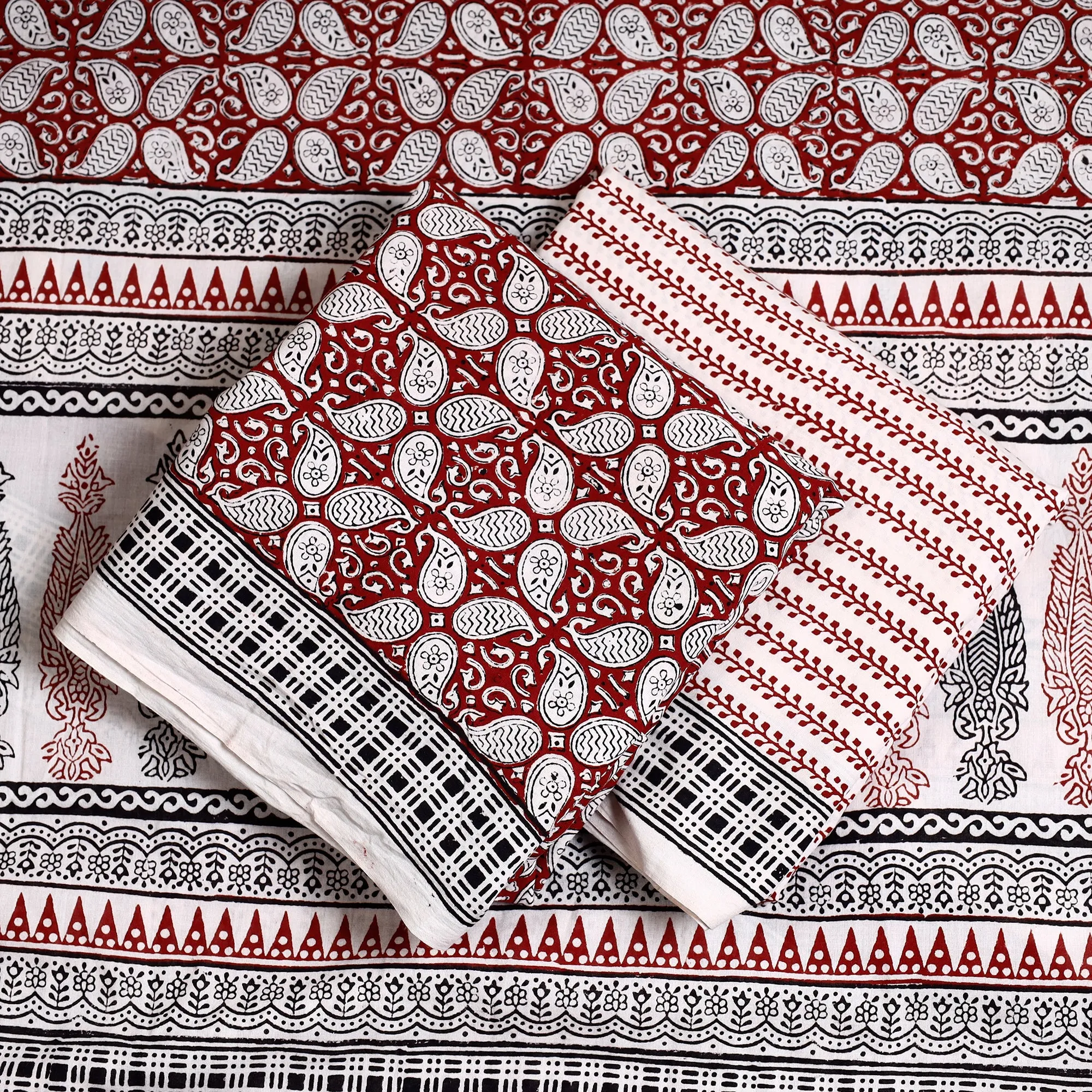 Red - 3pc Bagh Block Printed  Natural Dyed Cotton Suit Material Set 77