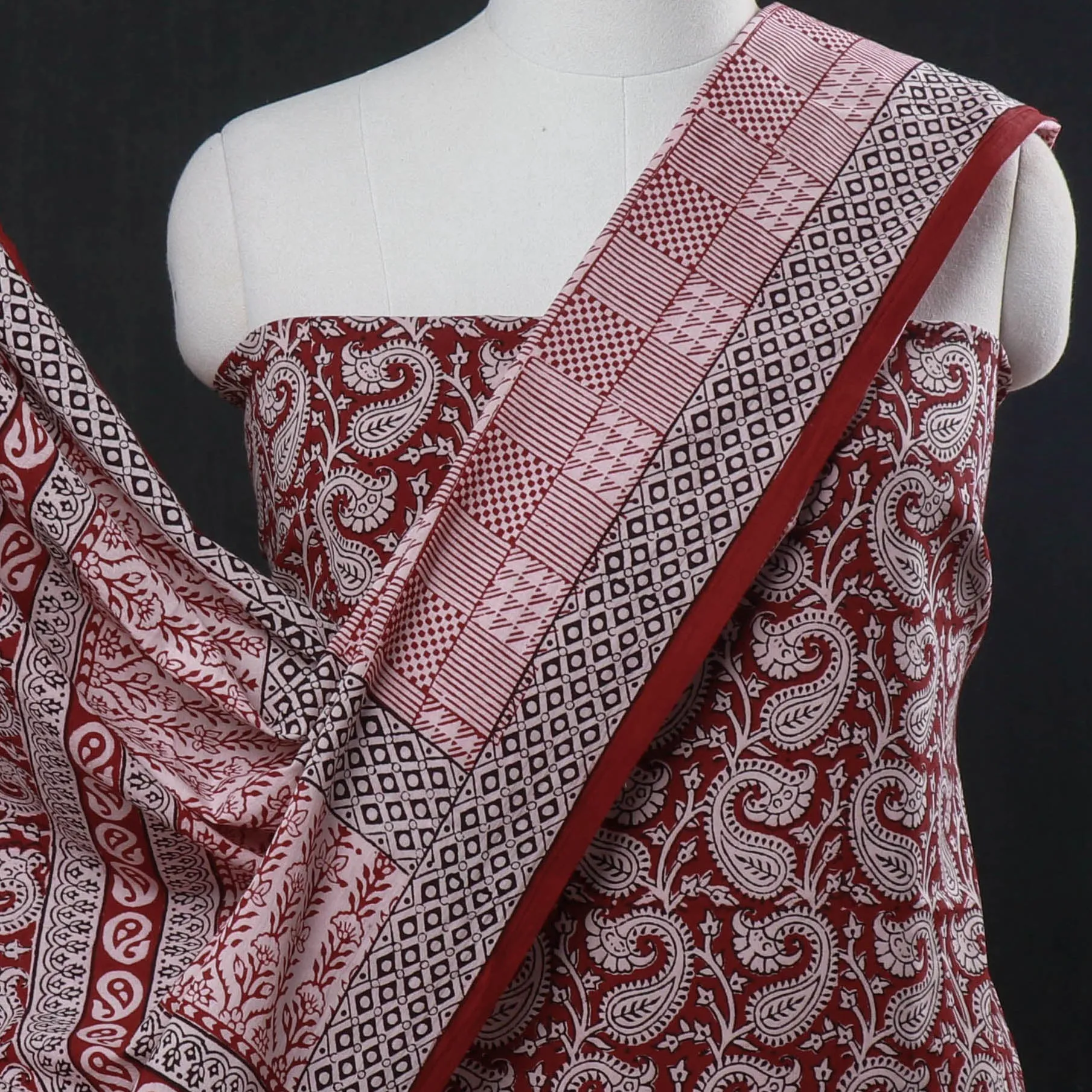 Red - 3pc Bagh Block Printed Natural Dyed Cotton Suit Material Set
