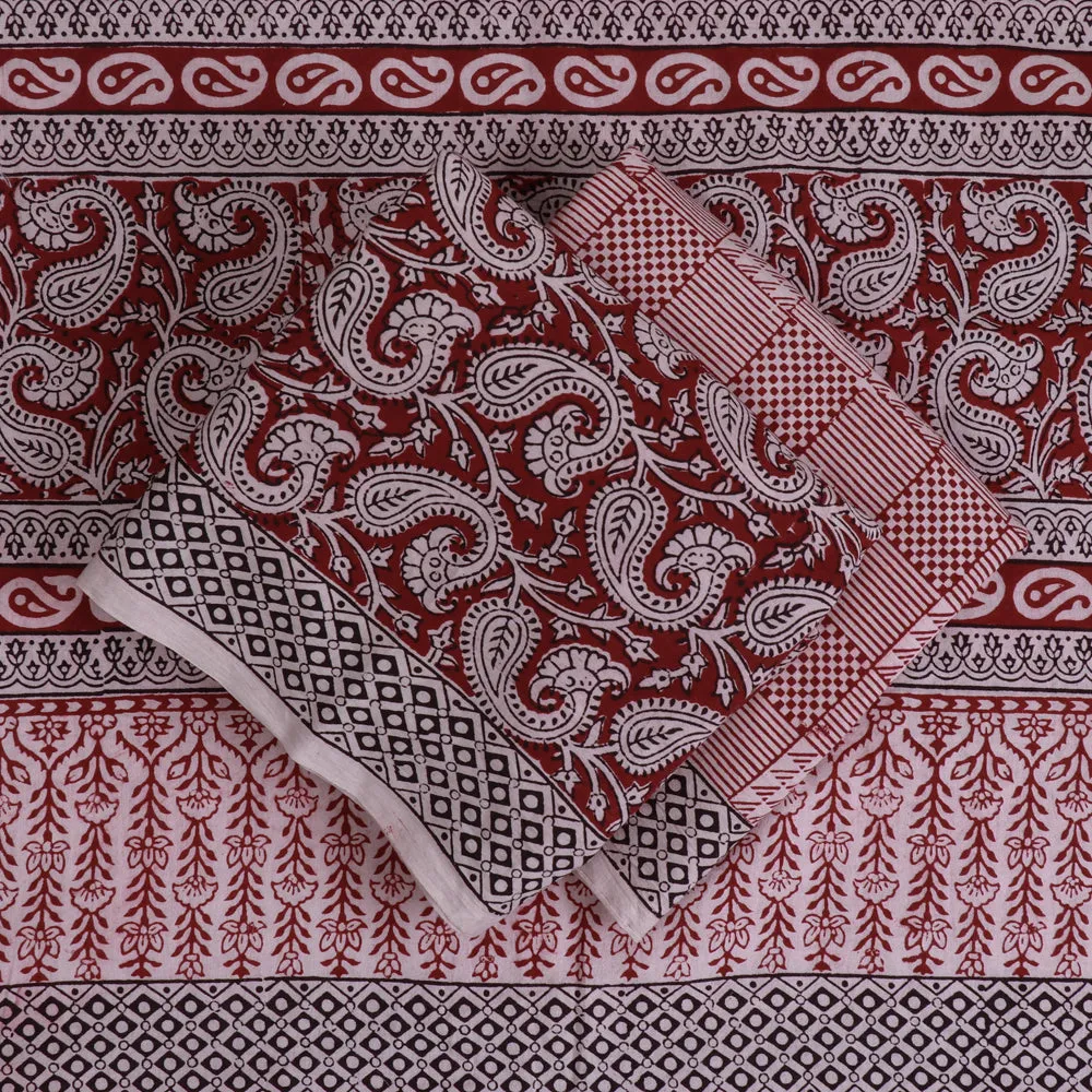 Red - 3pc Bagh Block Printed Natural Dyed Cotton Suit Material Set