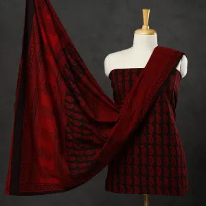 Red - 3pc Bagh Print Cotton Dress Material Set 06
