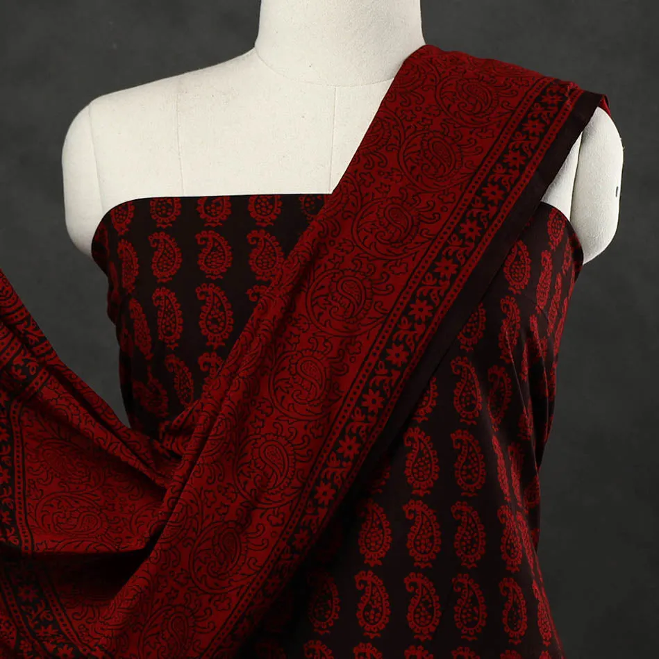 Red - 3pc Bagh Print Cotton Dress Material Set 06