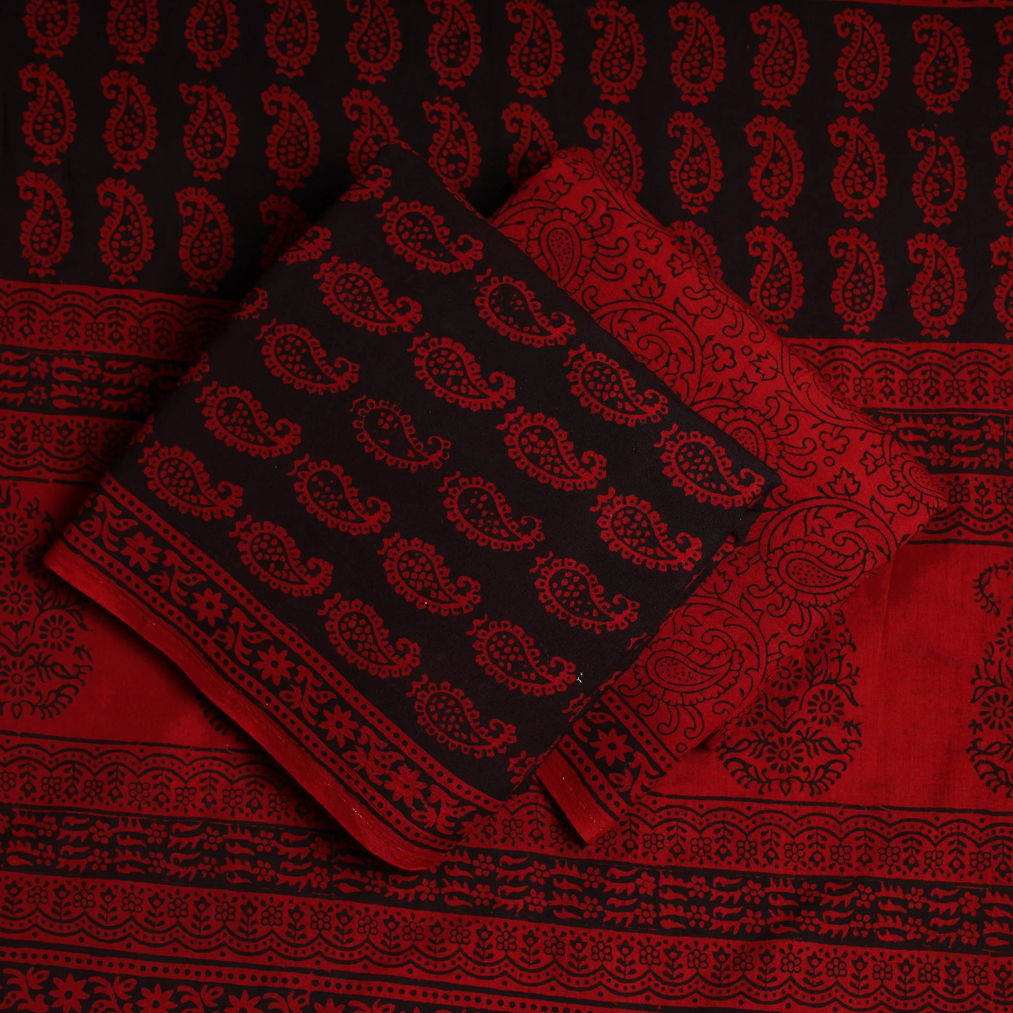 Red - 3pc Bagh Print Cotton Dress Material Set 06