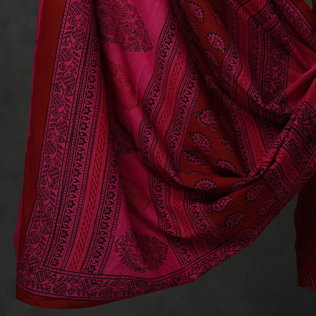 Red - 3pc Bagh Print Cotton Dress Material Set 14