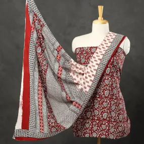 Red - 3pc Bagh Print Cotton Dress Material Set 45
