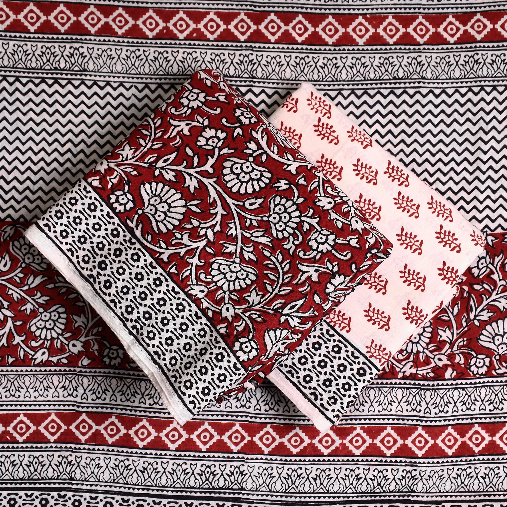 Red - 3pc Bagh Print Cotton Dress Material Set 45
