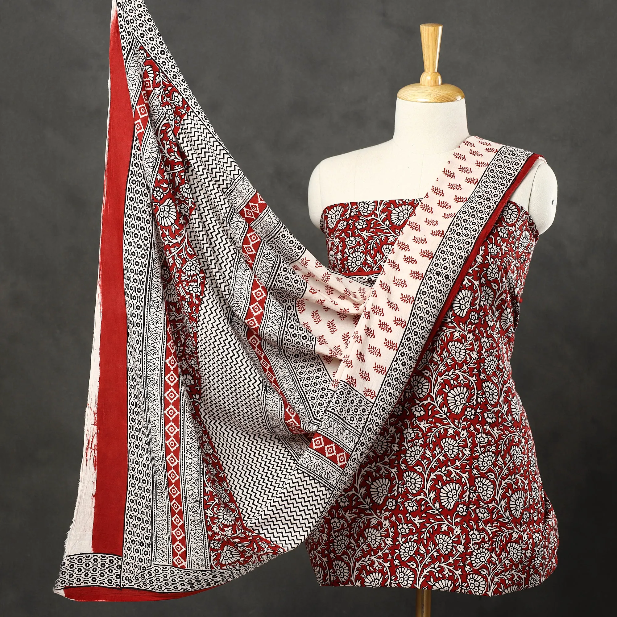 Red - 3pc Bagh Print Cotton Dress Material Set 45