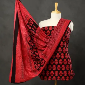 Red - 3pc Bagh Print Cotton Dress Material Set 77
