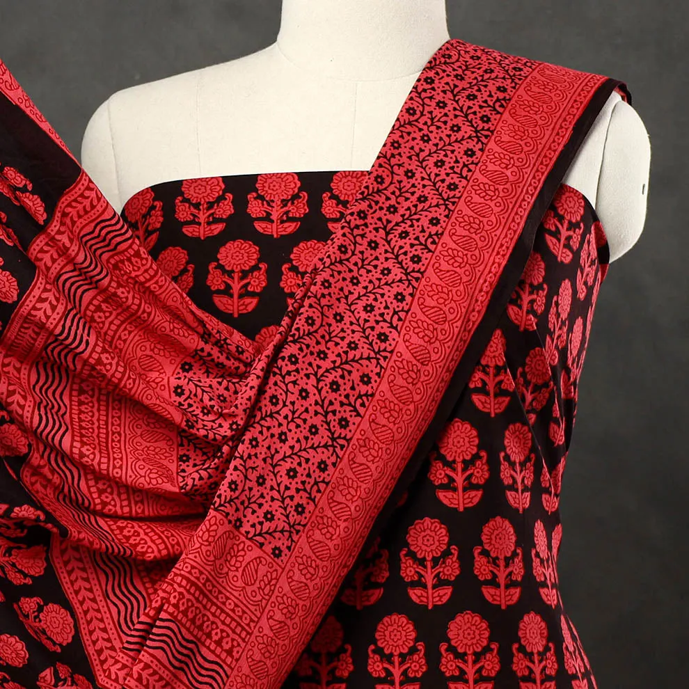 Red - 3pc Bagh Print Cotton Dress Material Set 77