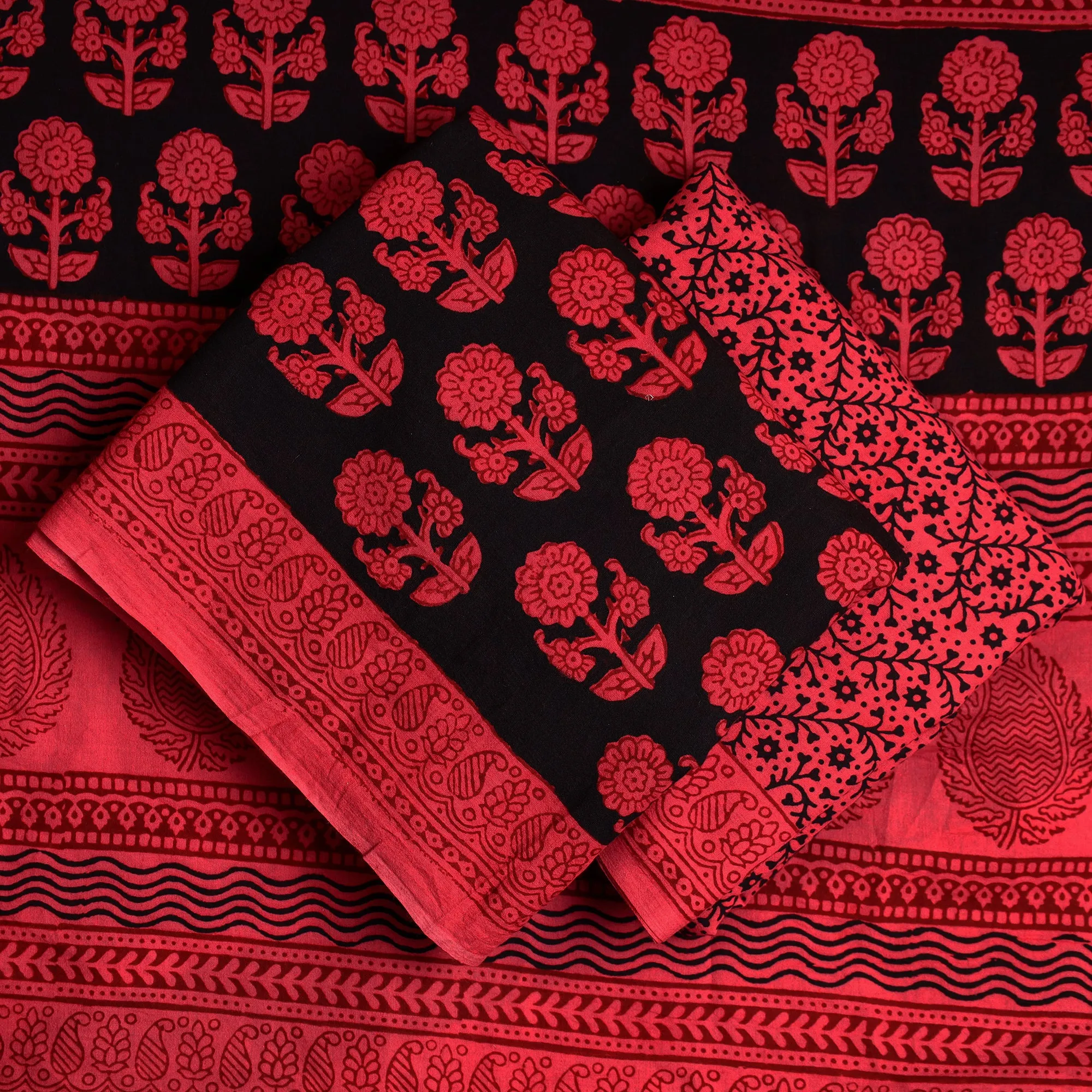 Red - 3pc Bagh Print Cotton Dress Material Set 77
