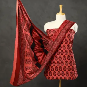 Red - 3pc Bagh Print Cotton Dress Material Set 79