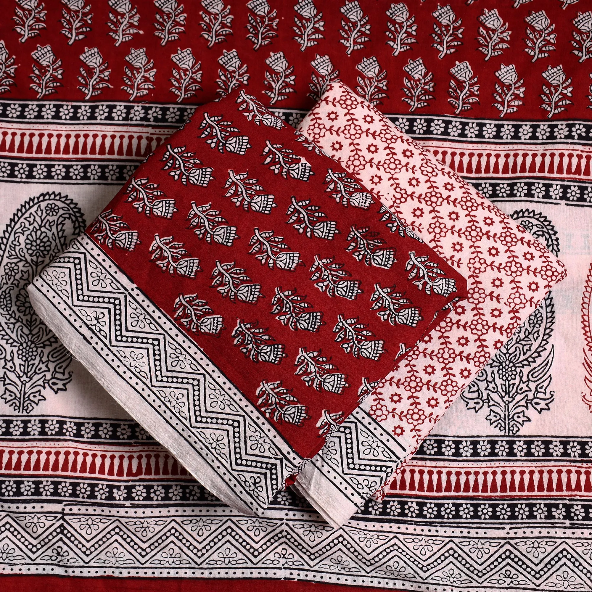 Red - 3pc Bagh Print Cotton Dress Material Set 87