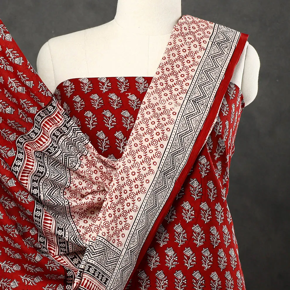 Red - 3pc Bagh Print Cotton Dress Material Set 87