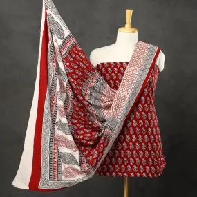 Red - 3pc Bagh Print Cotton Dress Material Set 87