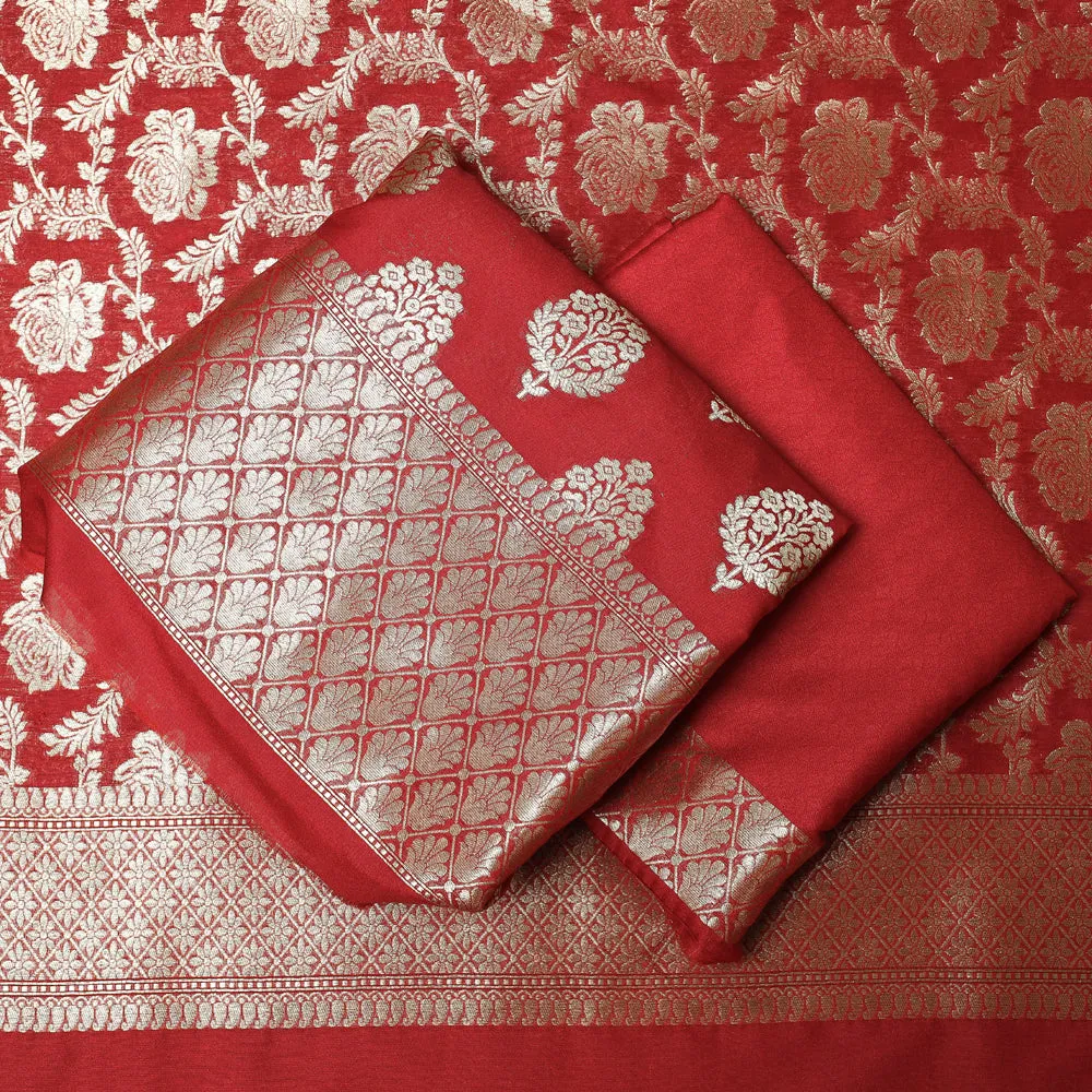 Red - 3pc Banarasi Jaal & Buti Cutwork Silk Zari Work Suit Material Set