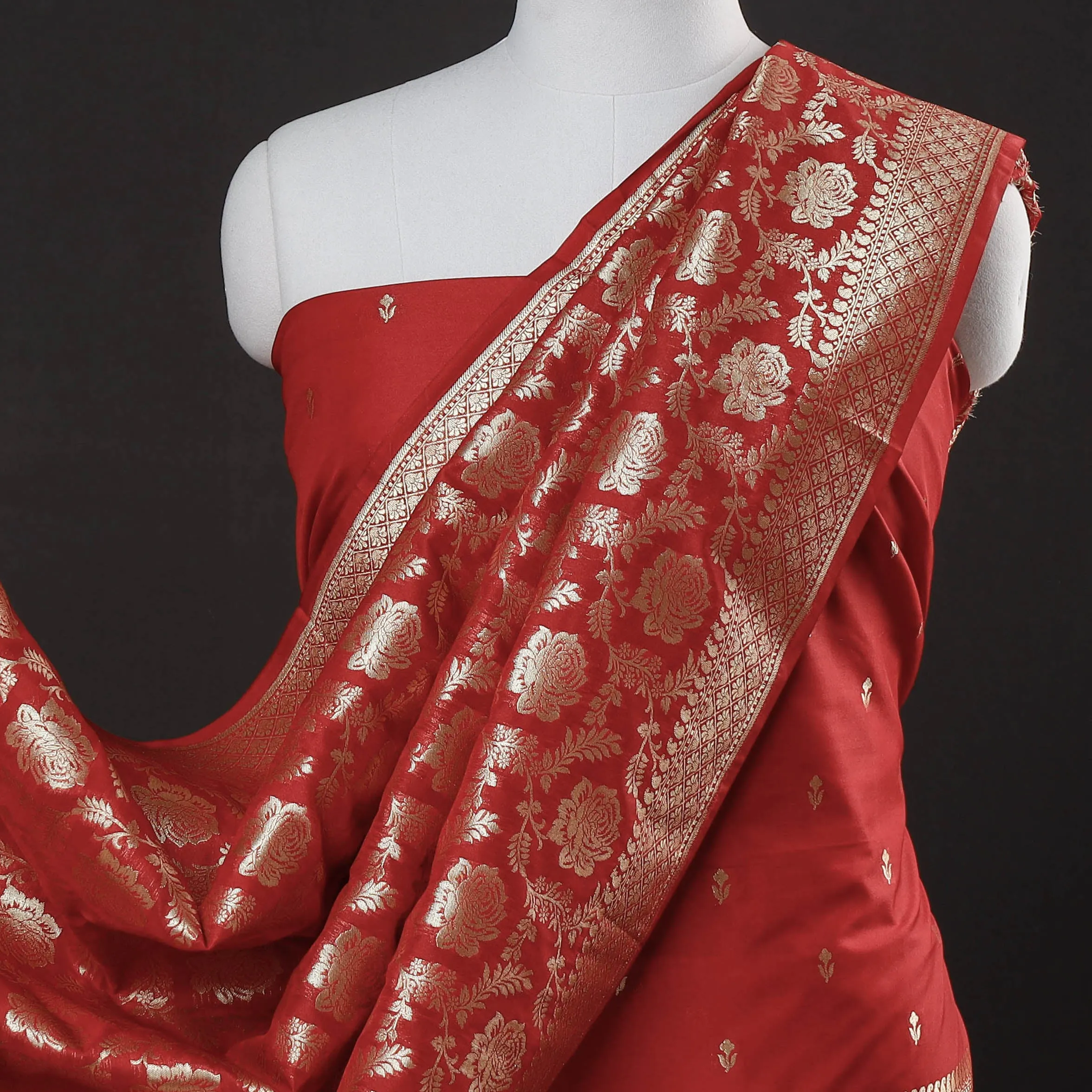 Red - 3pc Banarasi Jaal & Buti Cutwork Zari Work Silk Suit Material Set