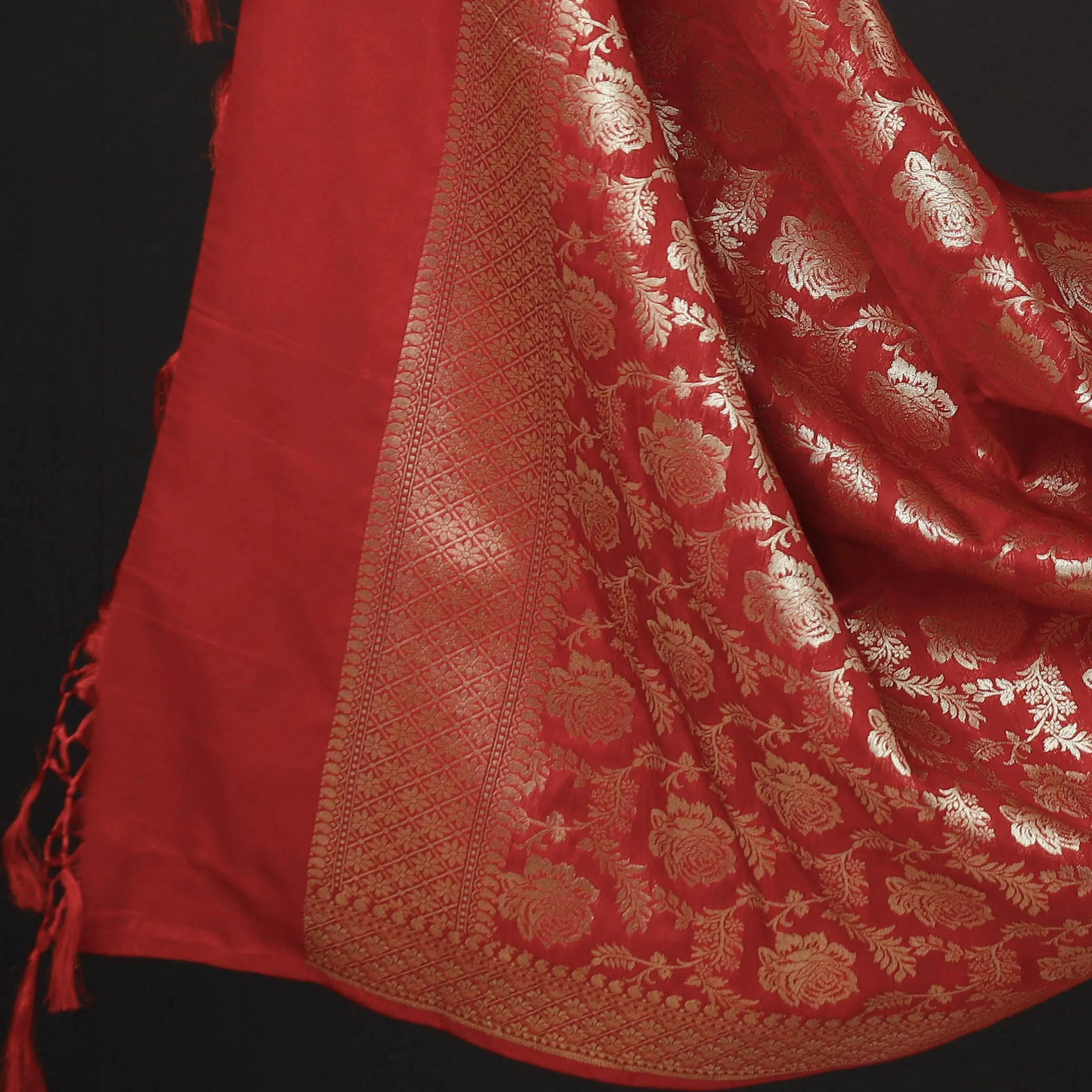 Red - 3pc Banarasi Jaal & Buti Cutwork Zari Work Silk Suit Material Set