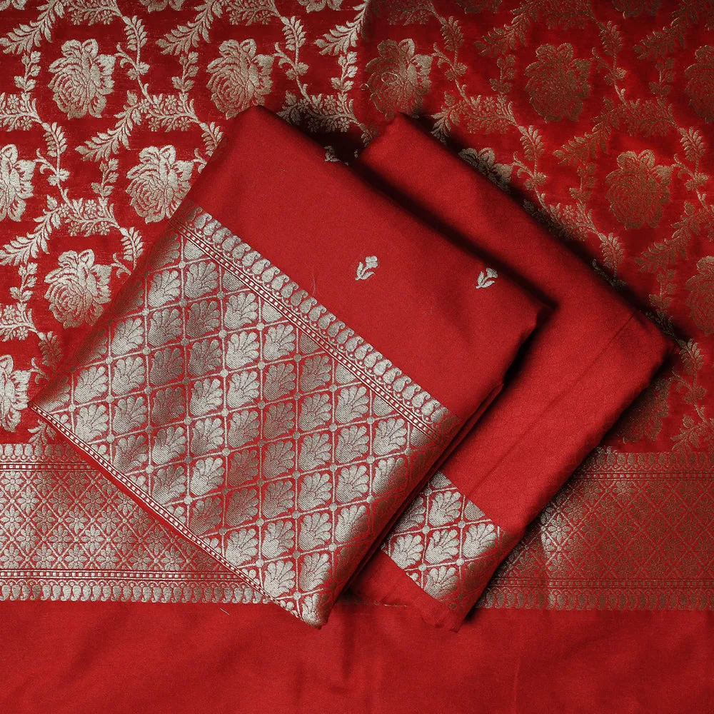 Red - 3pc Banarasi Jaal & Buti Cutwork Zari Work Silk Suit Material Set