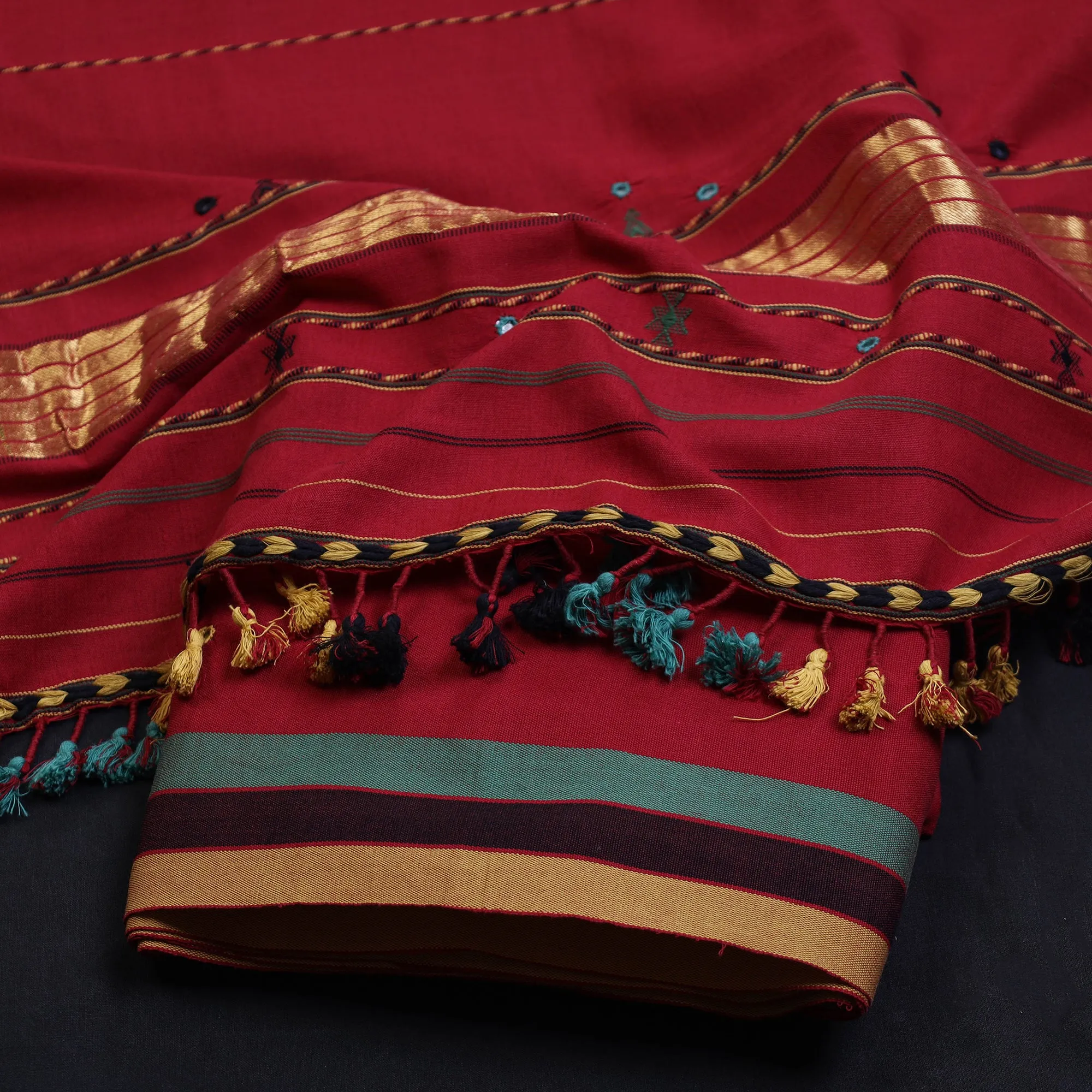 Red - 3pc Bhujodi Mirror Work Handloom Cotton Suit Material Set 01