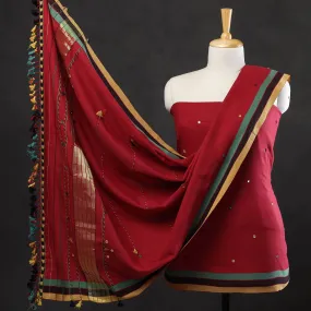Red - 3pc Bhujodi Mirror Work Handloom Cotton Suit Material Set 01