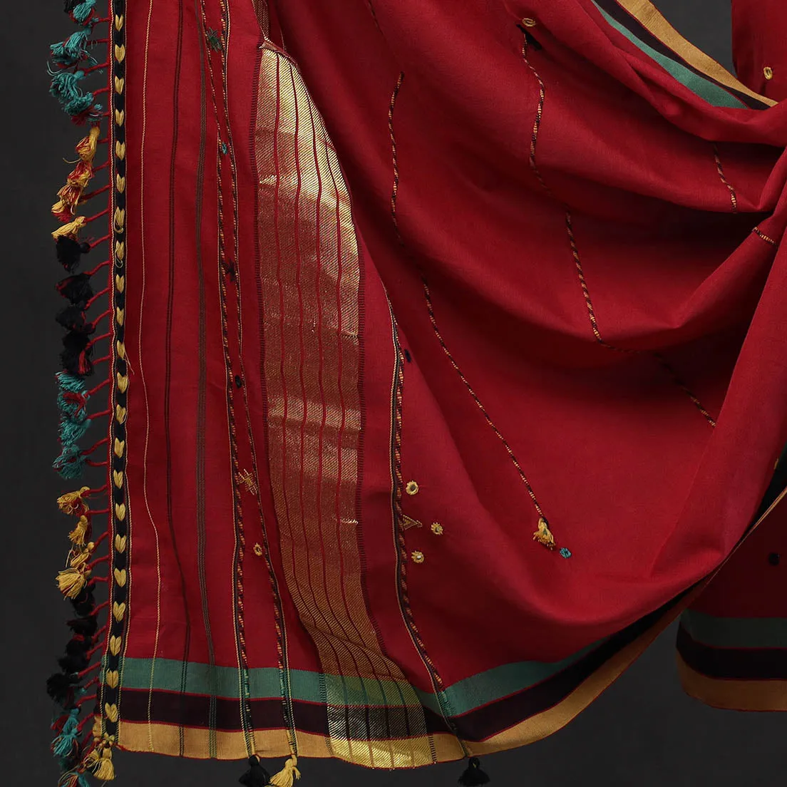 Red - 3pc Bhujodi Mirror Work Handloom Cotton Suit Material Set 01