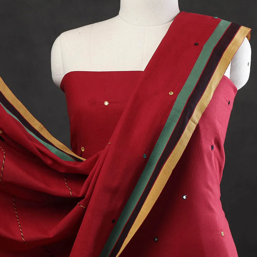 Red - 3pc Bhujodi Mirror Work Handloom Cotton Suit Material Set 01