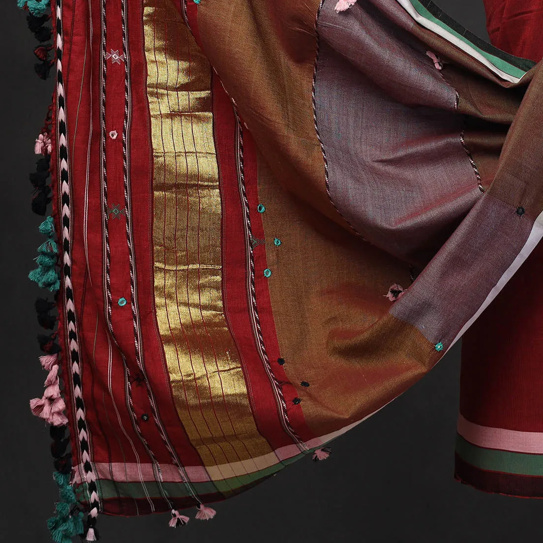 Red - 3pc Bhujodi Mirror Work Handloom Cotton Suit Material Set 05