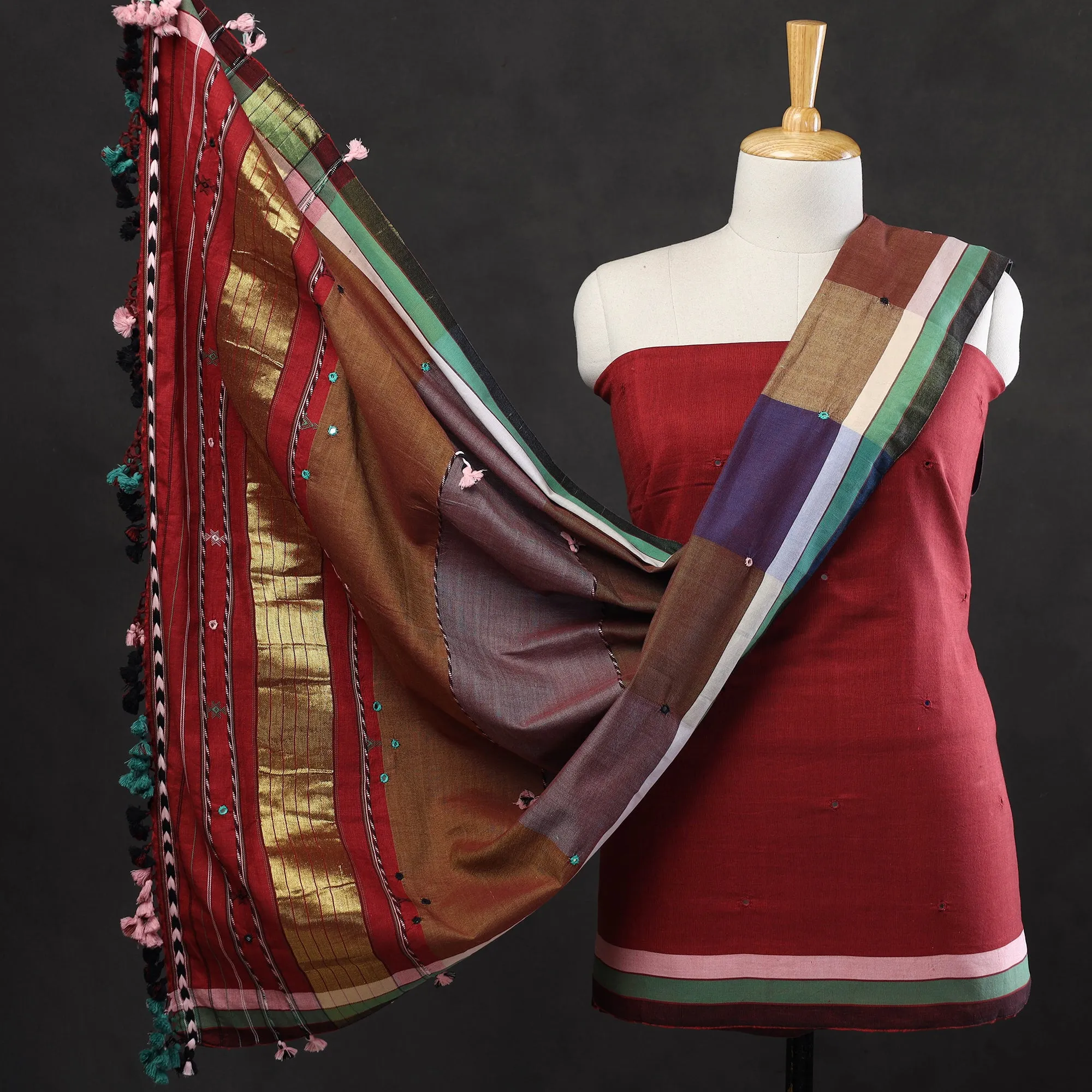 Red - 3pc Bhujodi Mirror Work Handloom Cotton Suit Material Set 05