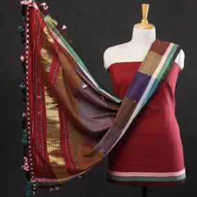 Red - 3pc Bhujodi Mirror Work Handloom Cotton Suit Material Set 05