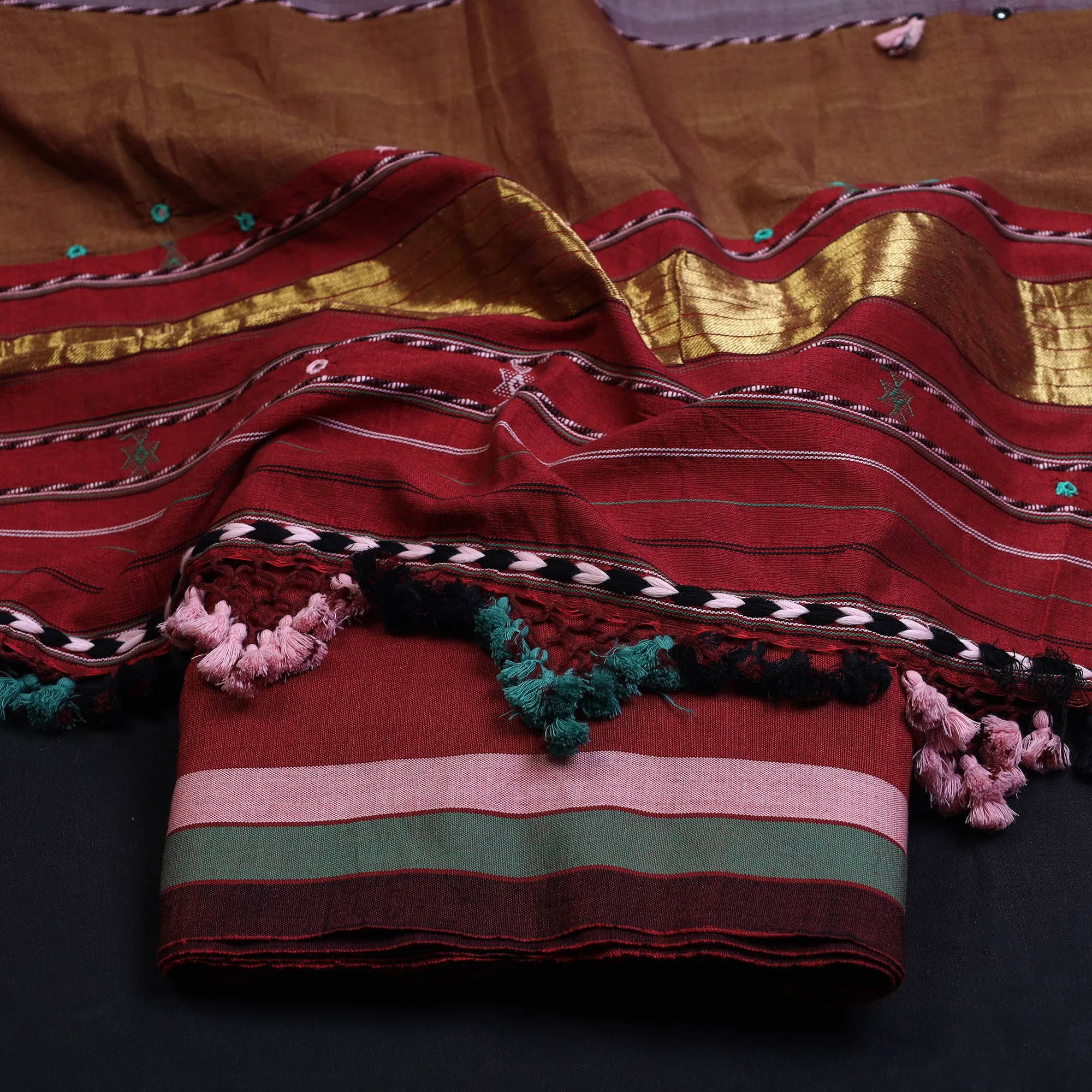 Red - 3pc Bhujodi Mirror Work Handloom Cotton Suit Material Set 05